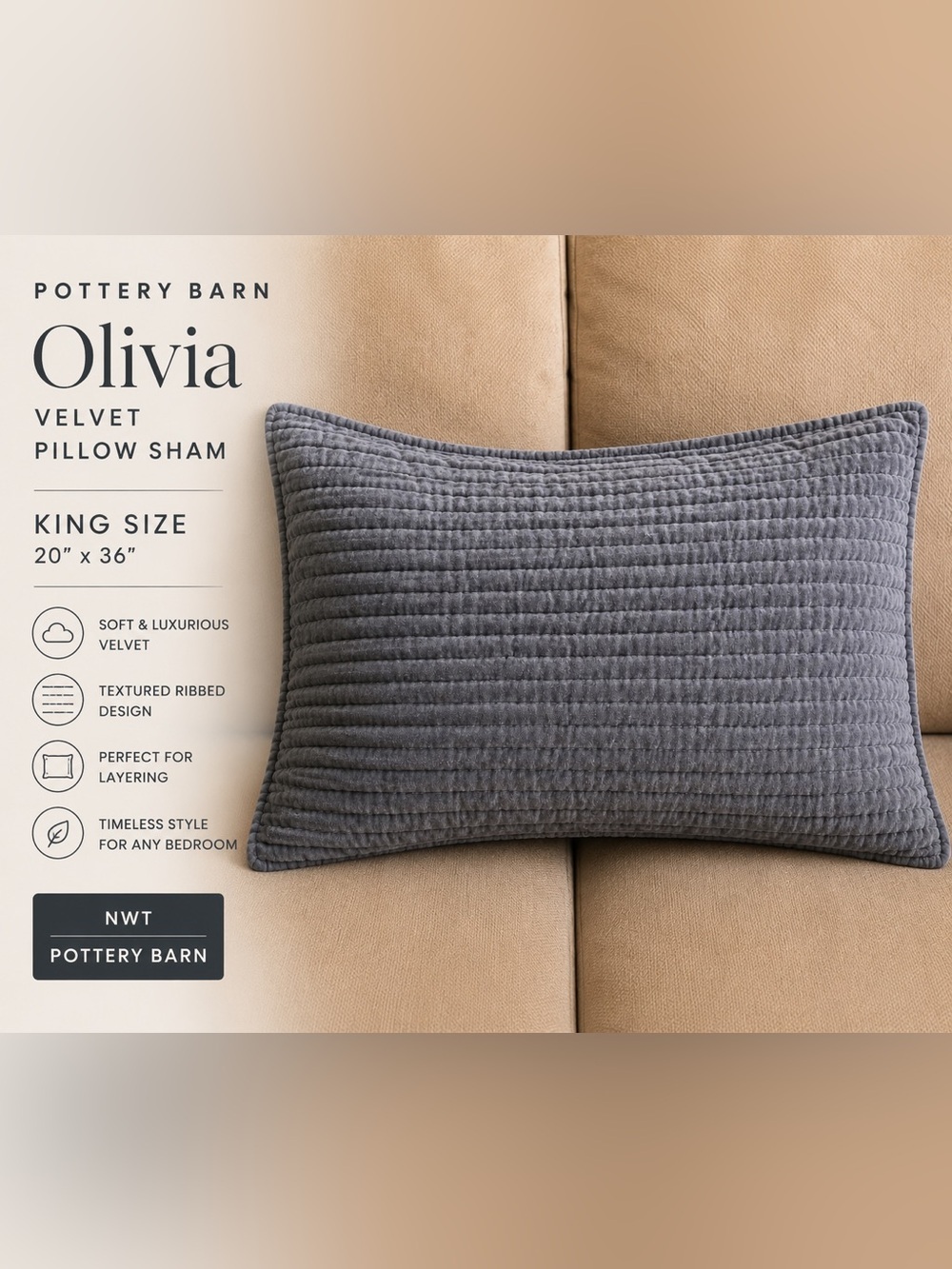 NWT Pottery Barn Olivia Velvet King Pillow Sham Gray Luxury Bedding Cover